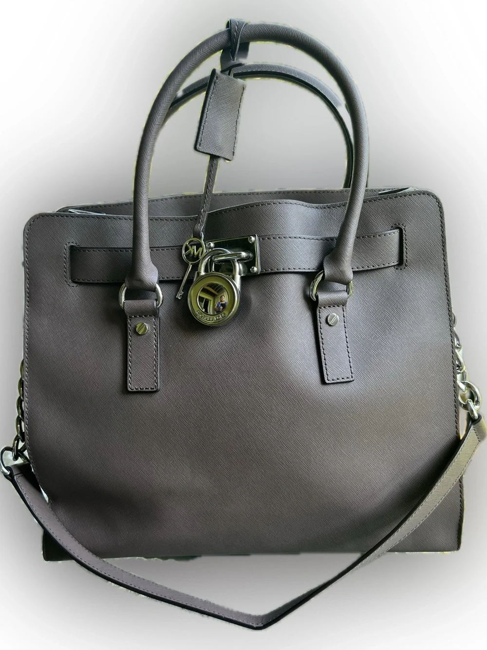 Michael Kors Taupe Saffiano Satchel with Logo Charm